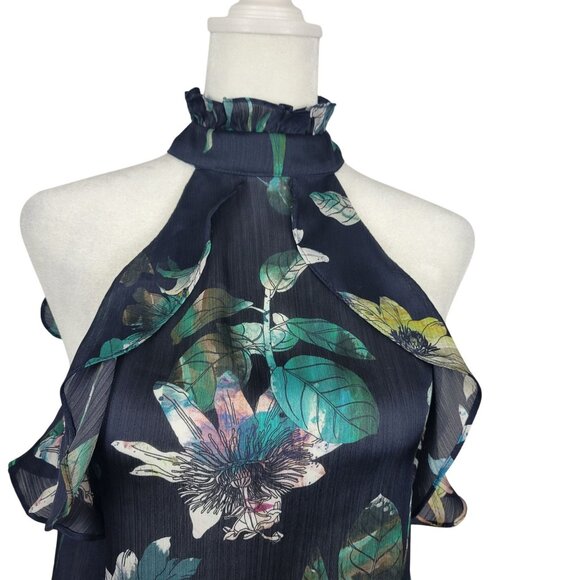 Modern Chic Floral Cheer Navy Blue Ruffled Business Casual Blouse Halter Top XS - Picture 6 of 16